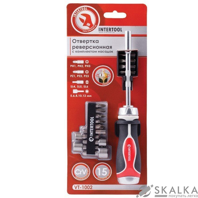 На фото Отвертка реверсионная Intertool с комплектом насадок 14 ед (VT-1002)