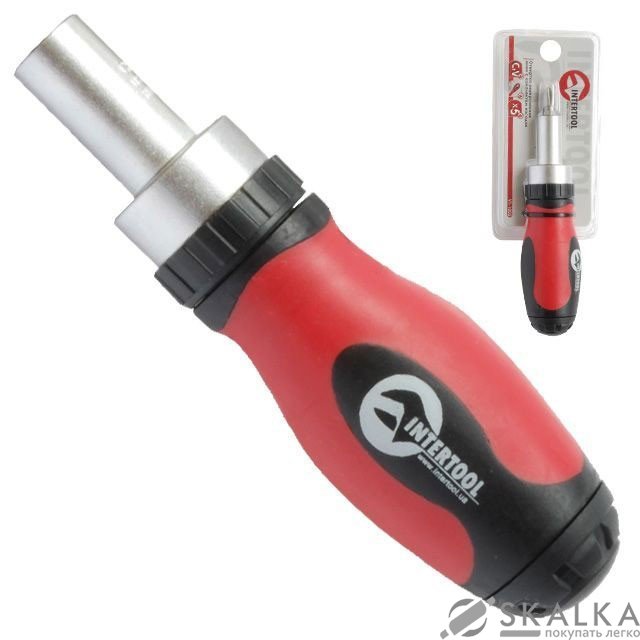 На фото Отвертка реверсионная мини Intertool с комплектом бит 5шт (VT-1005)