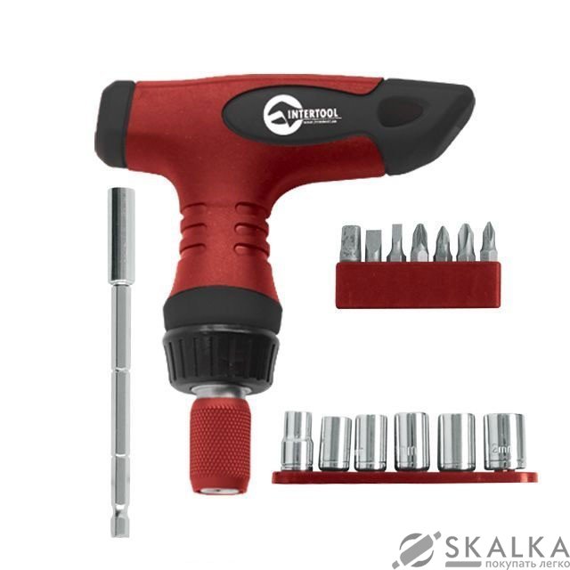 На фото Отвертка Intertool Т-образная реверсионная с цанговым зажимом, комплектом насадок 15шт (VT-1015)