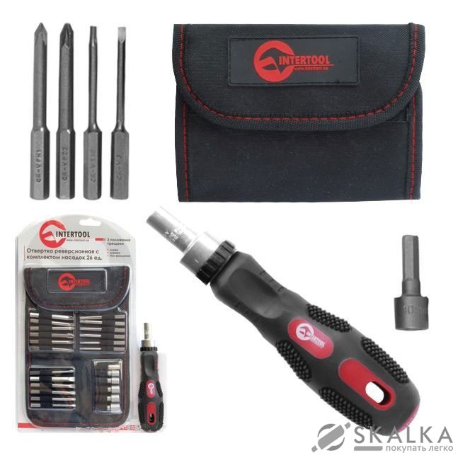 На фото Отвертка Intertool реверсионная с комплектом насадок 26шт (VT-1026)