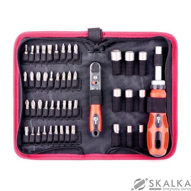 На фото Отвертка реверсионная Intertool с комплектом насадок и трещеткой, чехол ткань 48шт (VT-1048)