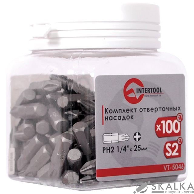 На фото Комплект отверточных бит Intertool PH2 1/4"*25мм 100шт (VT-5046)