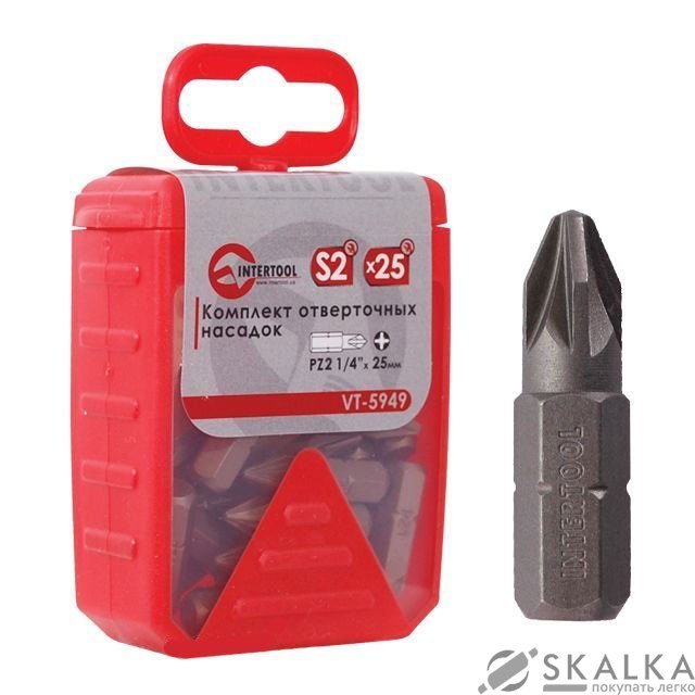 Комплект отверточных бит Intertool PZ2 1/4"*25мм 25шт (VT-5949) На фото Комплект отверточных бит Intertool PZ2 1/4"*25мм 25шт (VT-5949)