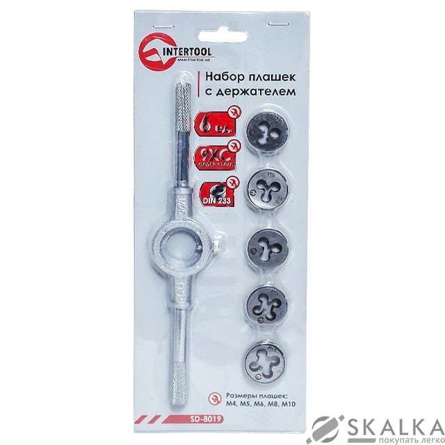 Набор плашек с держателем Intertool 6ед M4,M5,M6,M8,M10 (SD-8019) На фото Набор плашек с держателем Intertool 6ед M4,M5,M6,M8,M10 (SD-8019)
