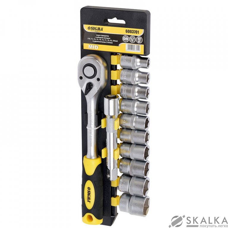 На фото Ключ-трещотка ½ с набором насадок и удлинителем Sigma 12шт CrV mid (6003701)