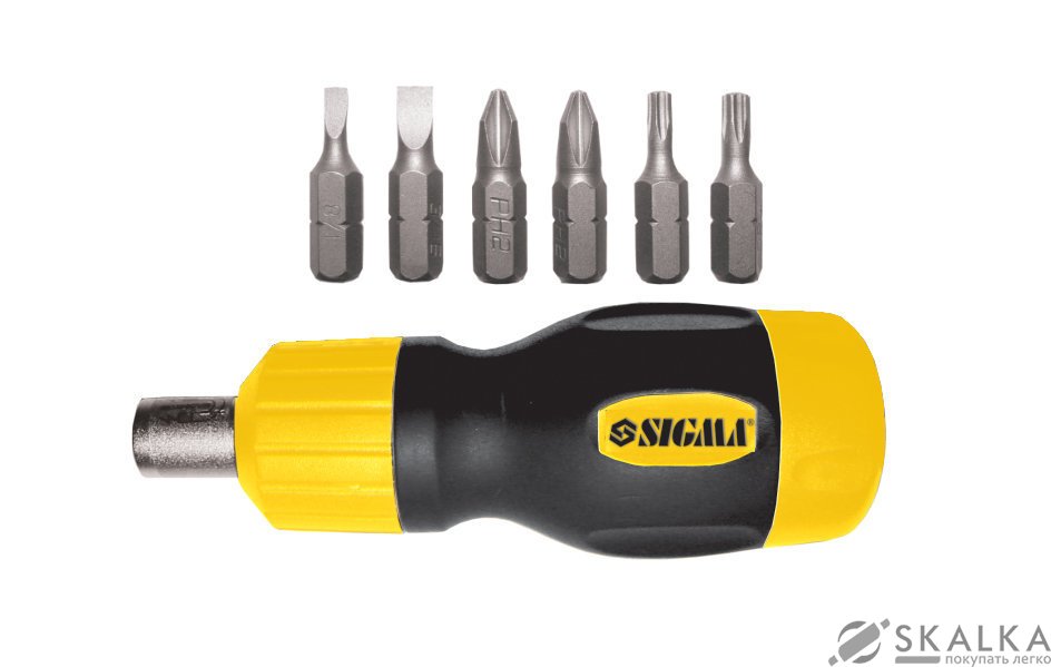 На фото Отвертка MINI Sigma с реверсом и трещоткой + биты 6шт CrV (4002061)