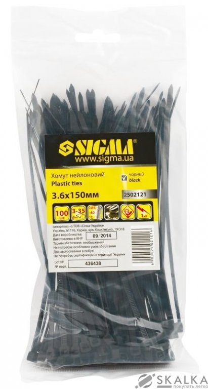 На фото Хомут нейлон Sigma 3.6*150мм 100шт черный (2502121)