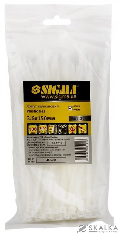 Хомут нейлон Sigma 3.6*250мм 100шт белый (2501141) На фото Хомут нейлон Sigma 3.6*250мм 100шт белый (2501141)
