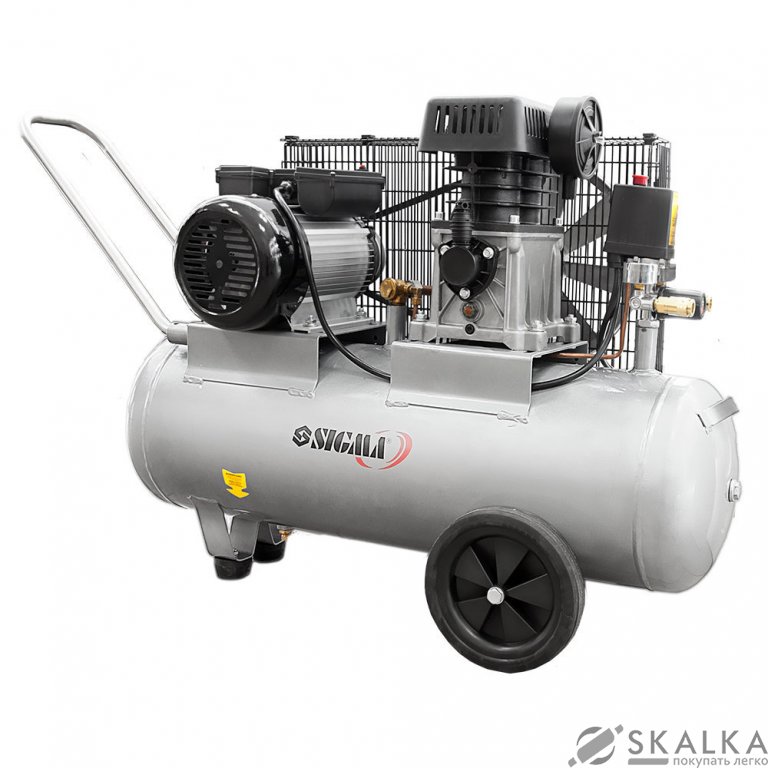 На фото Компрессор двухцилиндровый ременной Sigma 2.5кВт 335л/мин 10бар 50л (2 крана) (7044121)