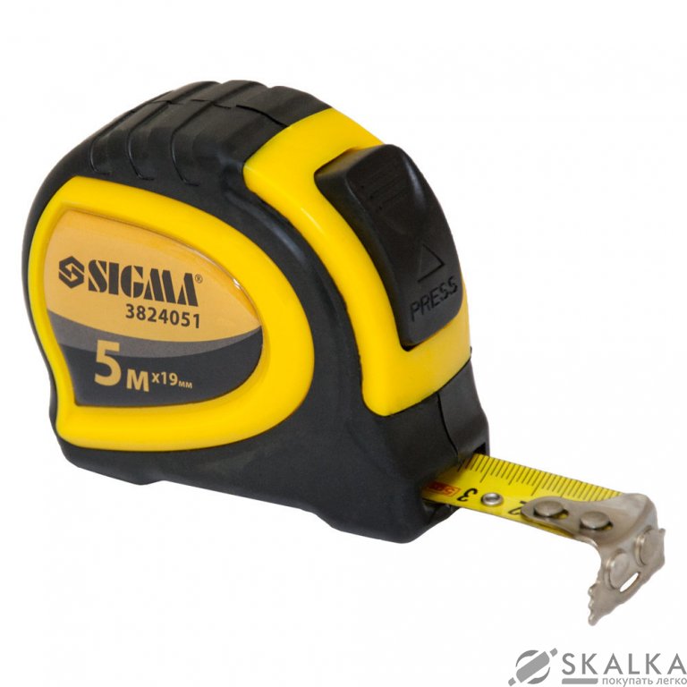 На фото Рулетка Sigma магнитная обрезиненная с автостопом 5м*19мм (3824051)