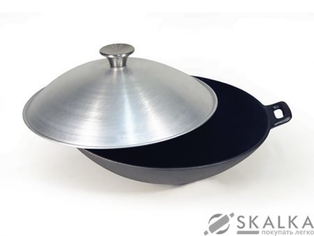 На фото Сковорода вок Fissman 30x8 см / 3.4 л чугунная с алюминиевой крышкой (CI-4105.30)