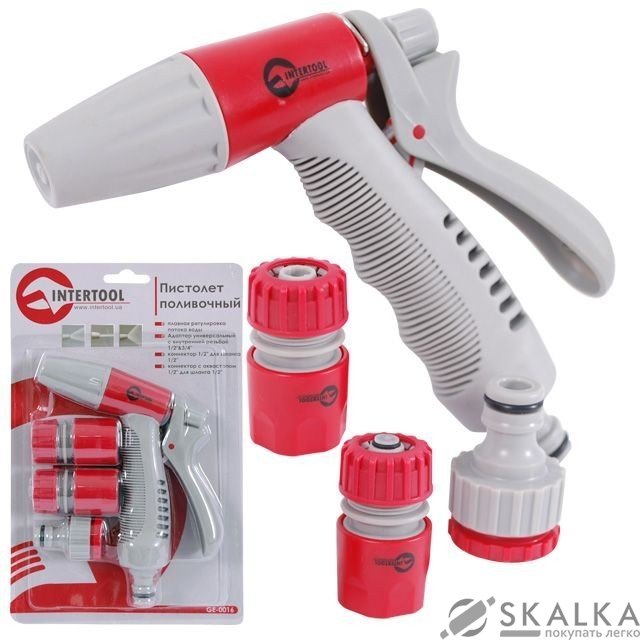Пистолет-распылитель Intertool для полива с плавной регулировкой и адаптер с конектором ABS, PP, TPR На фото Пистолет-распылитель Intertool для полива с плавной регулировкой и адаптер с конектором ABS, PP, TPR