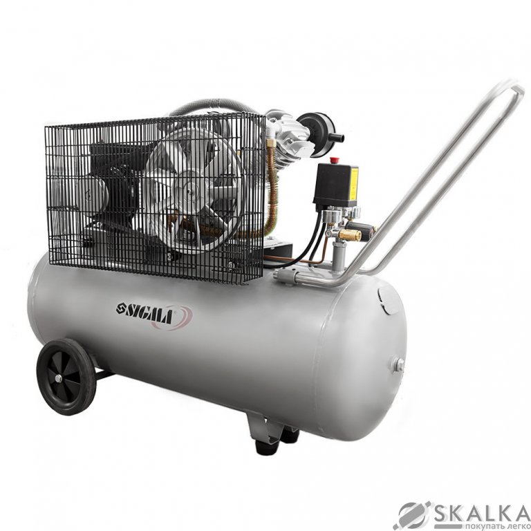 На фото Компрессор двухцилиндровый ременной Sigma 2.5кВт 396л/мин 10бар 100л (2 крана) (7044151)