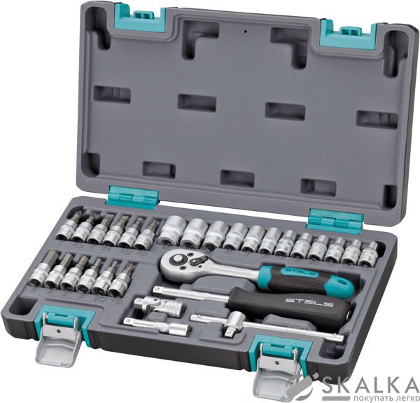 На фото Набор инструментов STELS 1/4" CrV пластиковий кейс 29 предметов (14100)