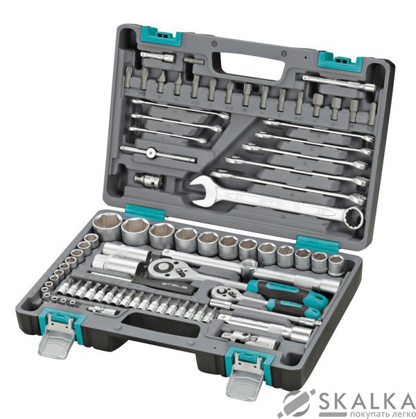 На фото Набор инструментов STELS 1/2" 1/4" CrV пластиковий кейс 82 предметов (14105)