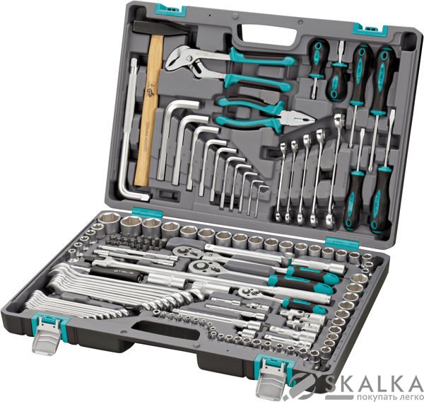 На фото Набор инструментов STELS 1/2"3/8" 1/4" CrV пластиковий кейс 142 предметов (14107)