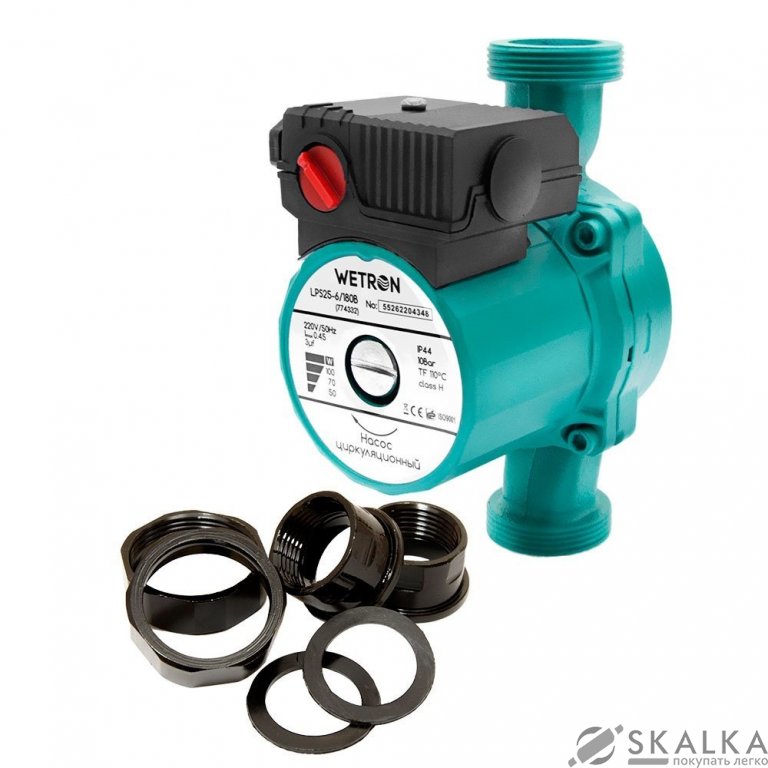 На фото Насос циркуляционный Wetron 75Вт Hmax 4м Qmax 40л/мин Ø1½ 180мм зел + гайки Ø1 (774312)