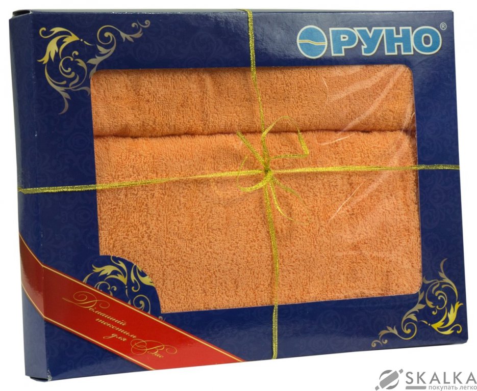 На фото Комплект махровых полотенец Руно 50x90 и 70x140 см Персиковые (433.09ТУ_персиковий)