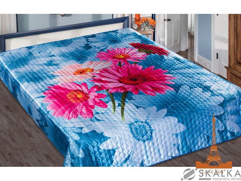 На фото Покрывало Love you Герберы Шелк 3D 230х250 см Голубое