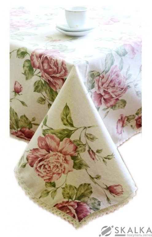 Скатерть Прованс Large pink Rose с кружевом 120х140 см (.003771) На фото Скатерть Прованс Large pink Rose с кружевом 120х140 см (.003771)
