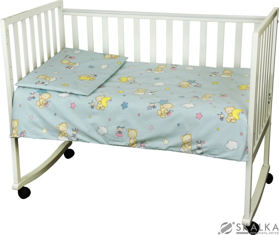 На фото Комплект постельного белья Руно Младенец 60х120 см 3шт Детский Голубой мишка пузатик (932.02_(Блакит