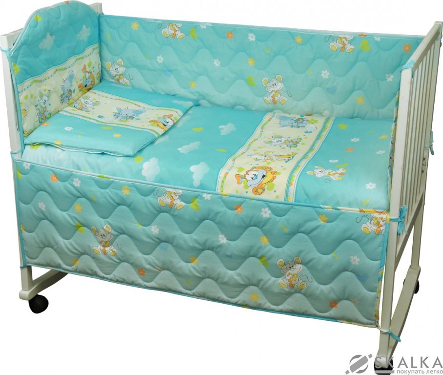 На фото Комплект постельного белья Руно 60х120 см 4шт Детский Голубой мышка с сыром (977У_(Блакитний) мишка