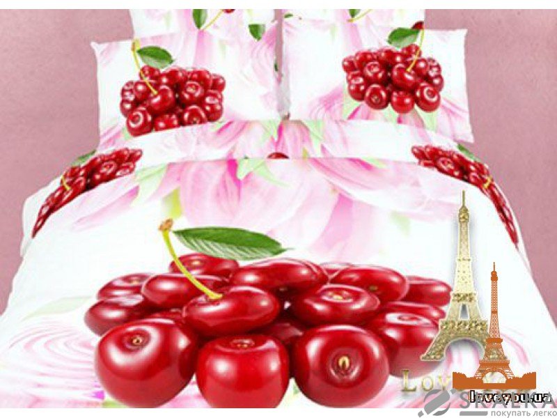 На фото Комплект постельного белья Love you Вишенки 230х245 см 5шт Семейный Розовый