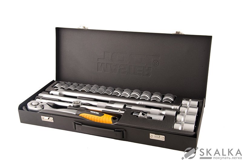 На фото Набор насадок торцевых Mastertool 1/2” с трещоткой 72 зуба, 24 шт CrV в метал кейсе (78-4124)