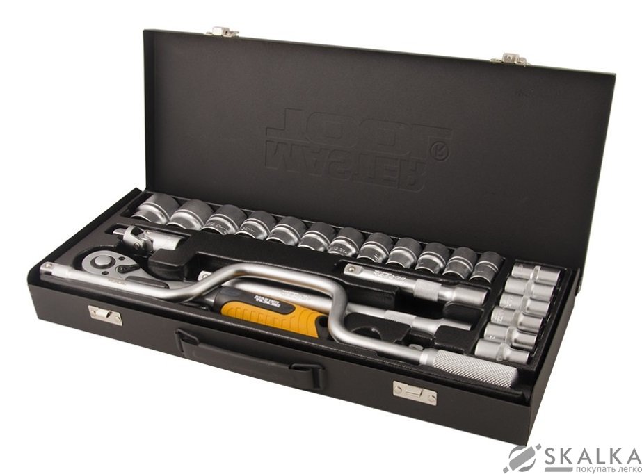 На фото Набор насадок торцевых Mastertool 1/2” с трещоткой 72 зуба, 24 шт CrV в метал кейсе (78-4125)