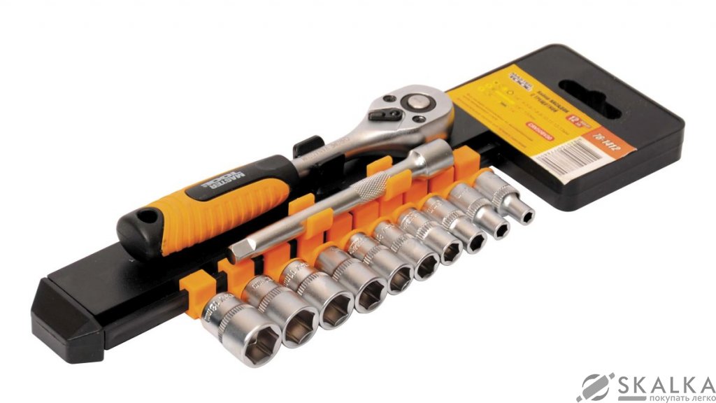 На фото Набор насадок торцевых Mastertool 1/4” с трещоткой 72 зуба, 12 шт CrV (78-1412)
