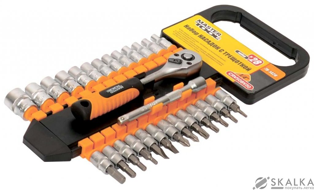 На фото Набор насадок торцевых Mastertool 1/4” с трещоткой 72 зуба, 28 шт CrV (78-1428)