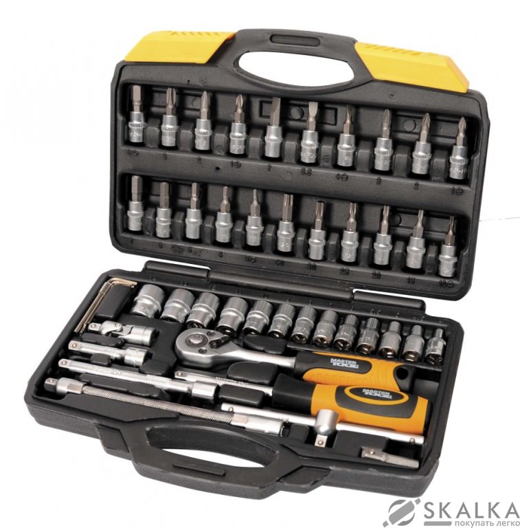 На фото Набор насадок торцевых Mastertool 1/4” с трещоткой 72 зуба, 46 шт CrV в кейсе (78-2047)