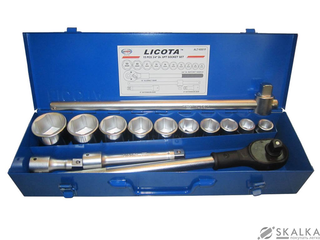На фото Набор торцевих головок Licota 3/4" 22-50 мм 6 граней 15 предметов (ALT-6001F)