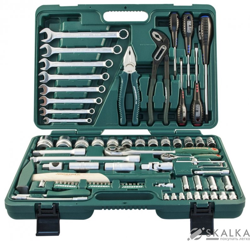 На фото Универсальный набор Jonnesway 1/4"DR 4-13 мм и 1/2"DR 12-32 мм ключи 8-19 мм 77 шт (S04H52477S)