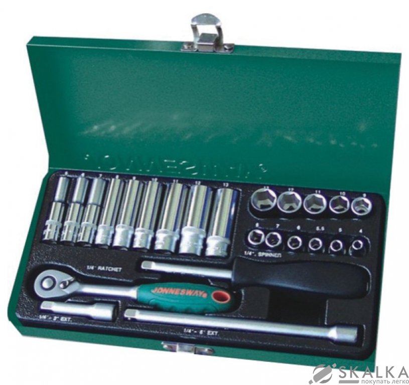 На фото Набор Jonnesway торцевых головок стандартных и глубоких 1/4"DR 4-13 мм 25 шт (S04H2125S)