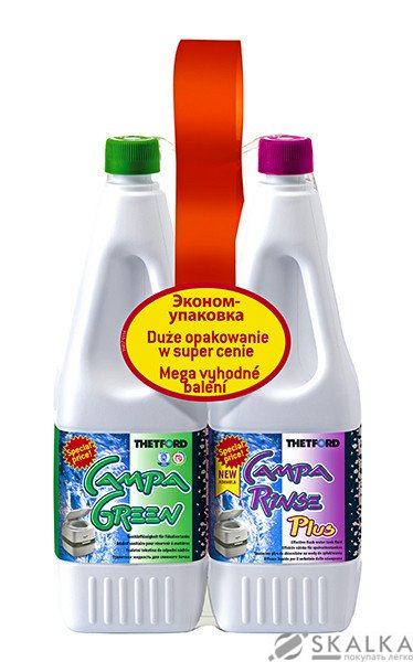 На фото Жидкость для биотуалета Thetford Duopack Campa Green и Campa Rinse Plus 1.5 л (8710315018073)