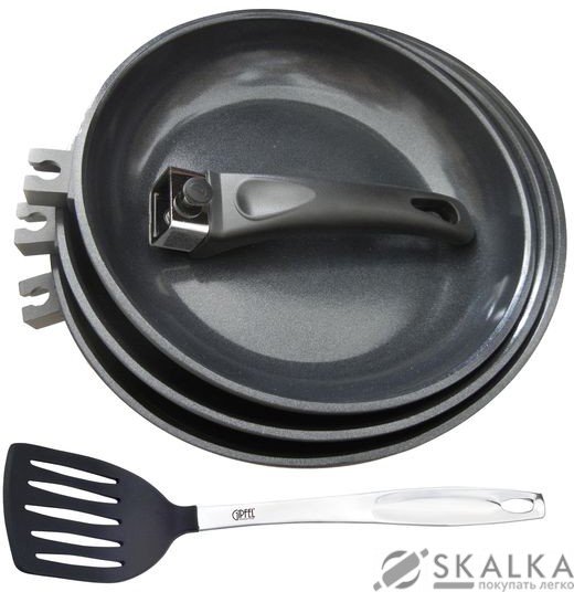На фото Набор сковород 3 предмета со съемной ручкой и лопаткой (2313 GIPFEL)