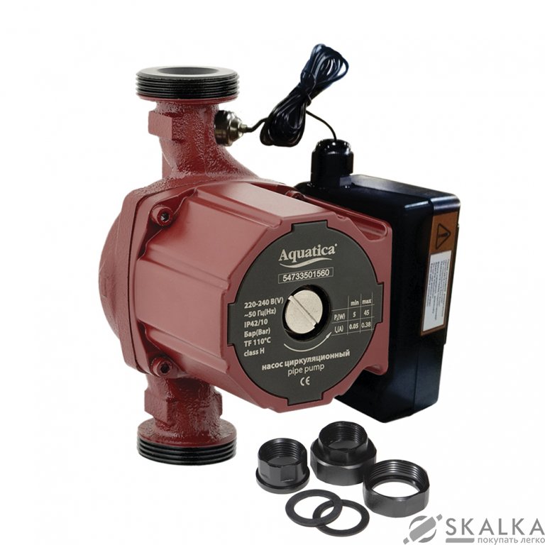 На фото Насос циркуляционный Aquatica 100 Вт Hmax 6 м Qmax 75 л/мин Ø1½" 180 мм + гайки Ø1" (774032)