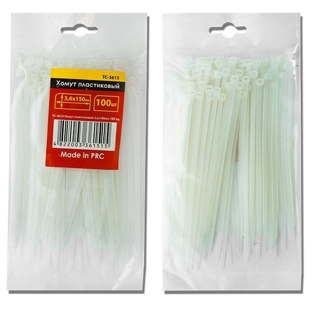 Хомут пластиковый Intertool 3,6x150мм, (100шт/упак), белый (TC-3615)