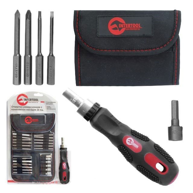 Отвертка Intertool реверсионная с комплектом насадок 26шт (VT-1026)