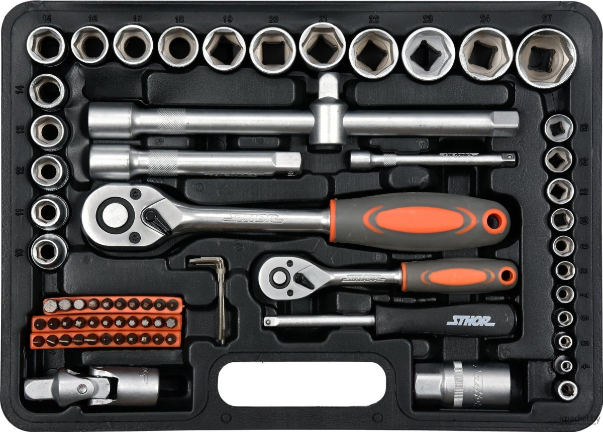 Набор головок торцевых, насадок Sthor 1/2", 1/4" с инструментами 72 шт (58705)
