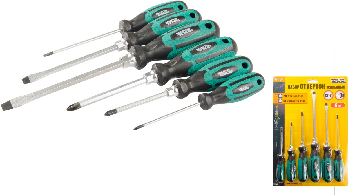 Набор отверток Mastertool усиленных 6 шт PH 0*75; 1*80, 2*100, SL 4*100, 6*125, 8*150 (40-1152)