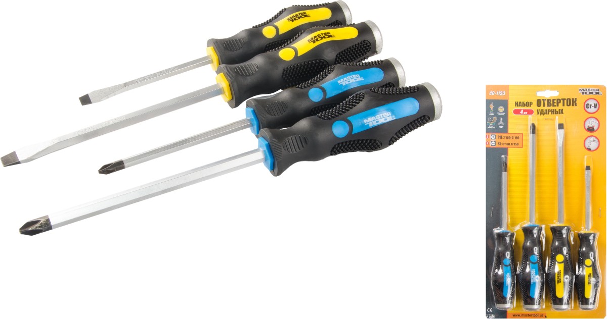 Набор отверток Mastertool ударных 4 шт PH2*100; 3*150, SL6*100, 8*150 (40-1153)