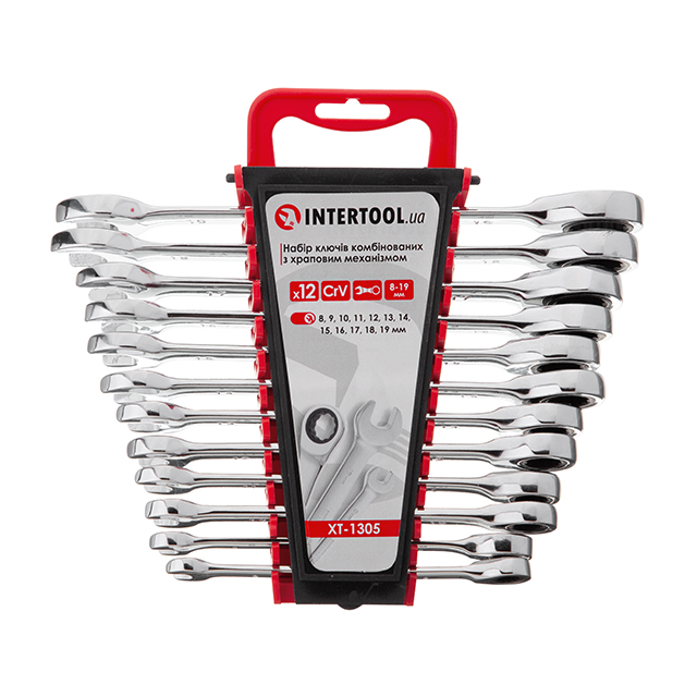 Набор ключей комбинированных с храповым механизмом Intertool 12шт 8-19мм CrV, PROF DIN3113 (XT-1305)