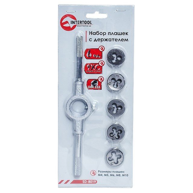 Набор плашек с держателем Intertool 6ед M4,M5,M6,M8,M10 (SD-8019)