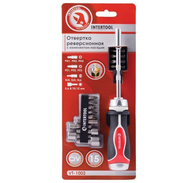 Отвертка реверсионная Intertool с комплектом насадок 14 ед (VT-1002)