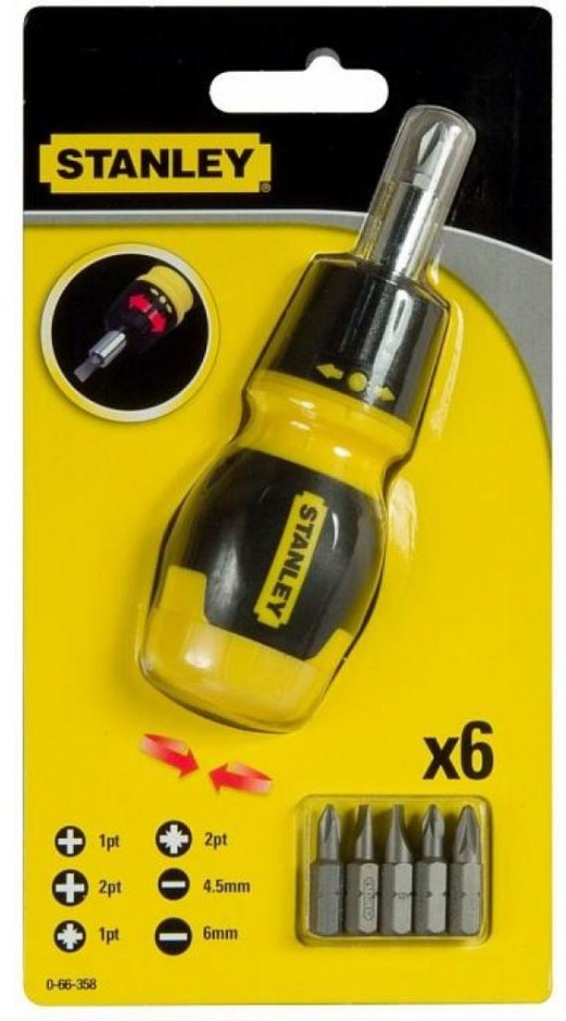 Отвертка ревевсивна Stanley Multibit Stubby магнитный держатель, насадки 6 (0-66-358)