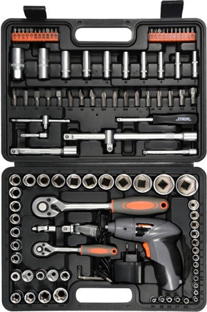 Набор инструментов Sthor 1/2", 1/4" с аккумуляторной отверткой 109 шт DW (58695)