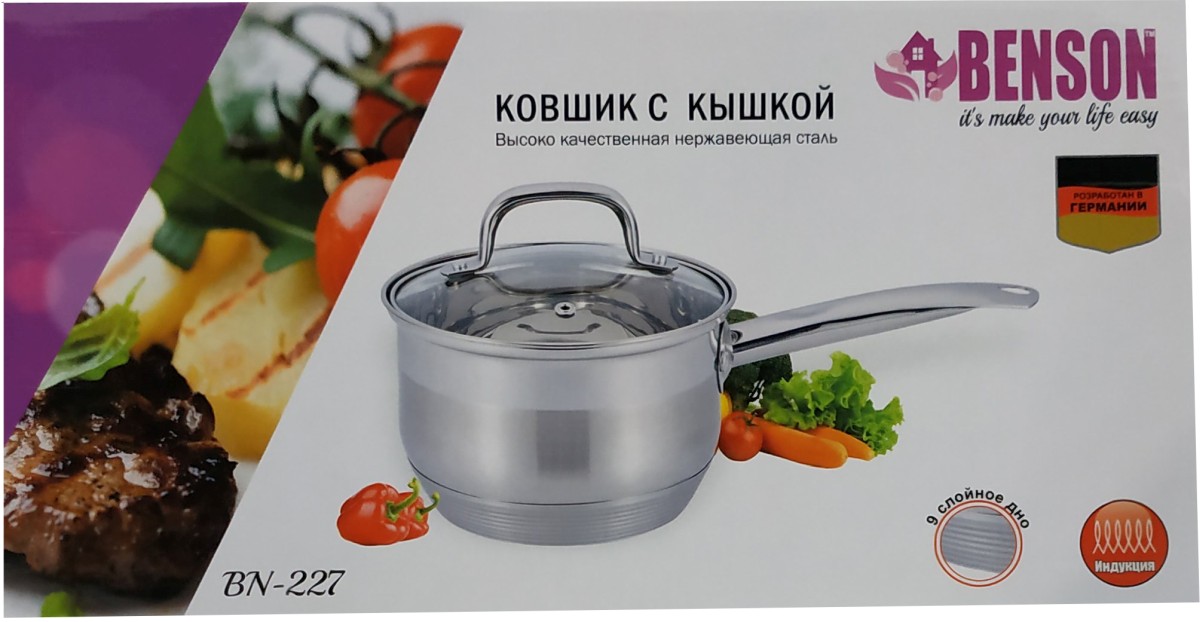 Ковш из нержавеющей стали с крышкой Benson 14 см 1 л (BN-227)