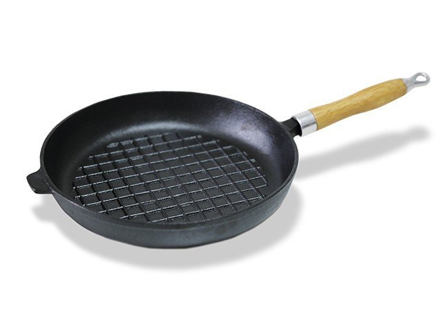 Сковорода для жарки 27x4.8 см чугунная с рифленым дном и деревянной ручкой (CI-4096.27)